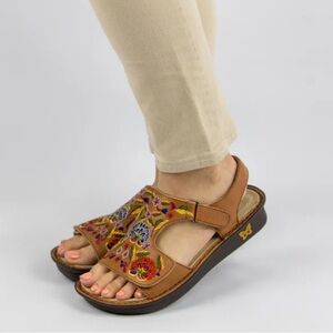 Alegria Viki Cognac Needles Pins hand-stitched floral embroidery leather sandal